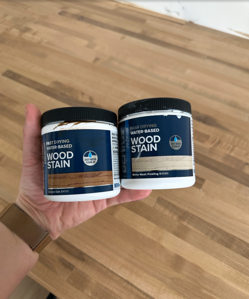 The stain combo I chose: a 50/50 mix of Behr Golden Oak and Behr White Wash.